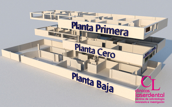 Representación 3d de las tres plantas de la clinica dental laserdental Gijón